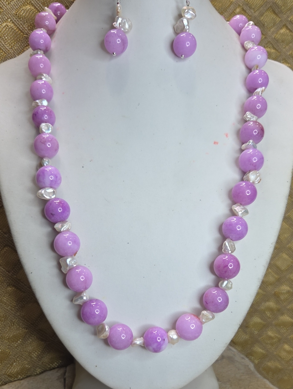 Lavender Jade Pearl Bead Necklace and Earrings Set - Women Jewelry